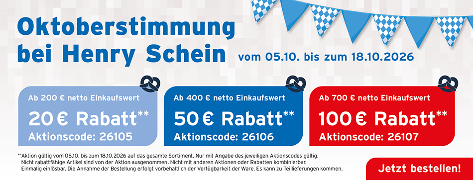 Oktoberstimmung bei Henry Schein, Ab 200 Euro netto Einkaufswert - 20 Euro Rabatt mit dem Aktionscode: 26105; ab 400 Euro netto Einkaufswert - 50 Euro Rabatt mit dem Aktionscode: 26106; ab 700 Euro netto Einkaufswert - 100 Euro Rabatt mit dem Aktionscode: 26107; Aktion vom 05.10. bis 18.10.2026
